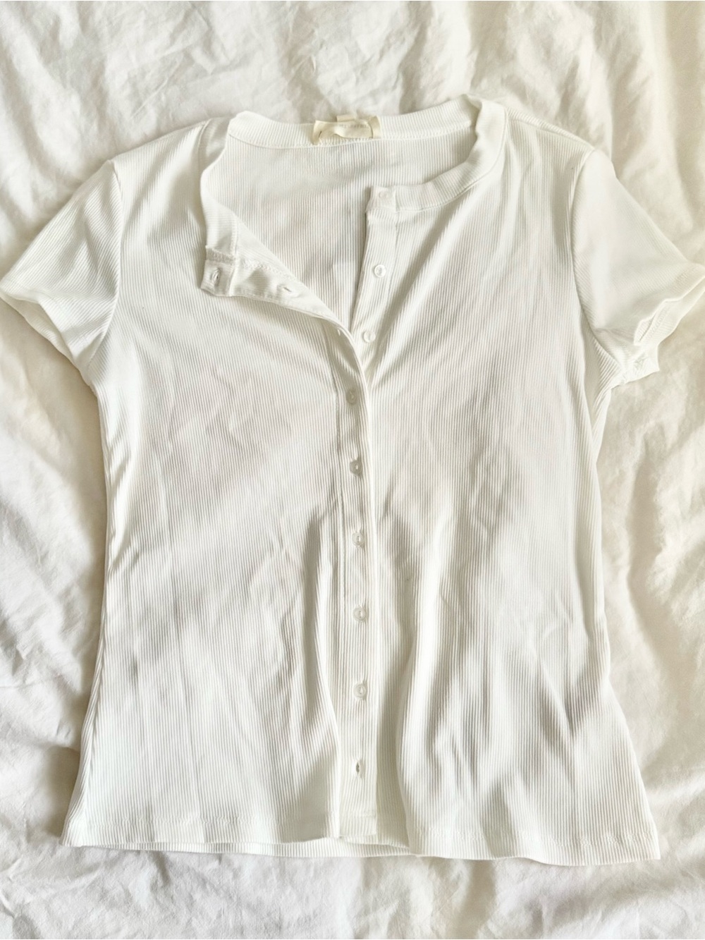 New CURRENT/ELLIOTT Ribbed Button Front Short Sleeve Crew Neck Tee Top Women's S